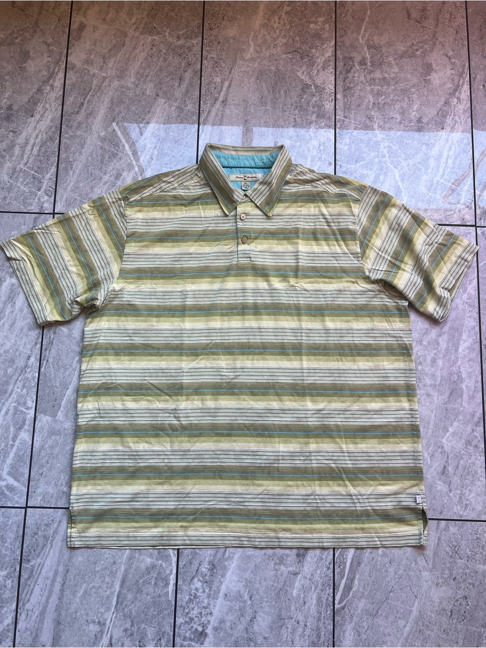 Tommy Bahama Mens Striped Olive/Ivory/Turquoise Short Sleeve Silk Polo Shirt 2XL